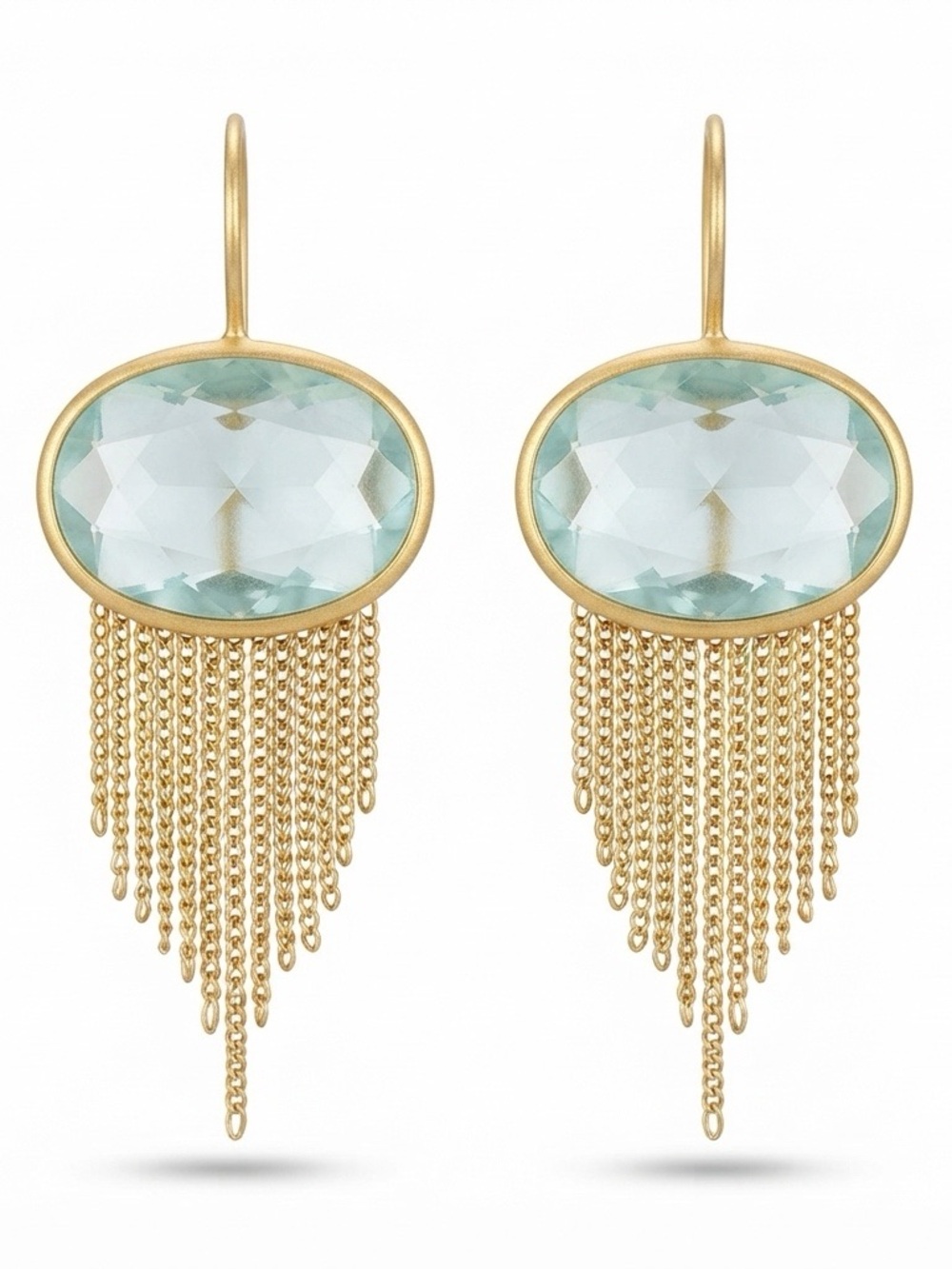 Vintage Monet Gold-Tone Earrings with Aqua Faceted Stones and Chain Fringe